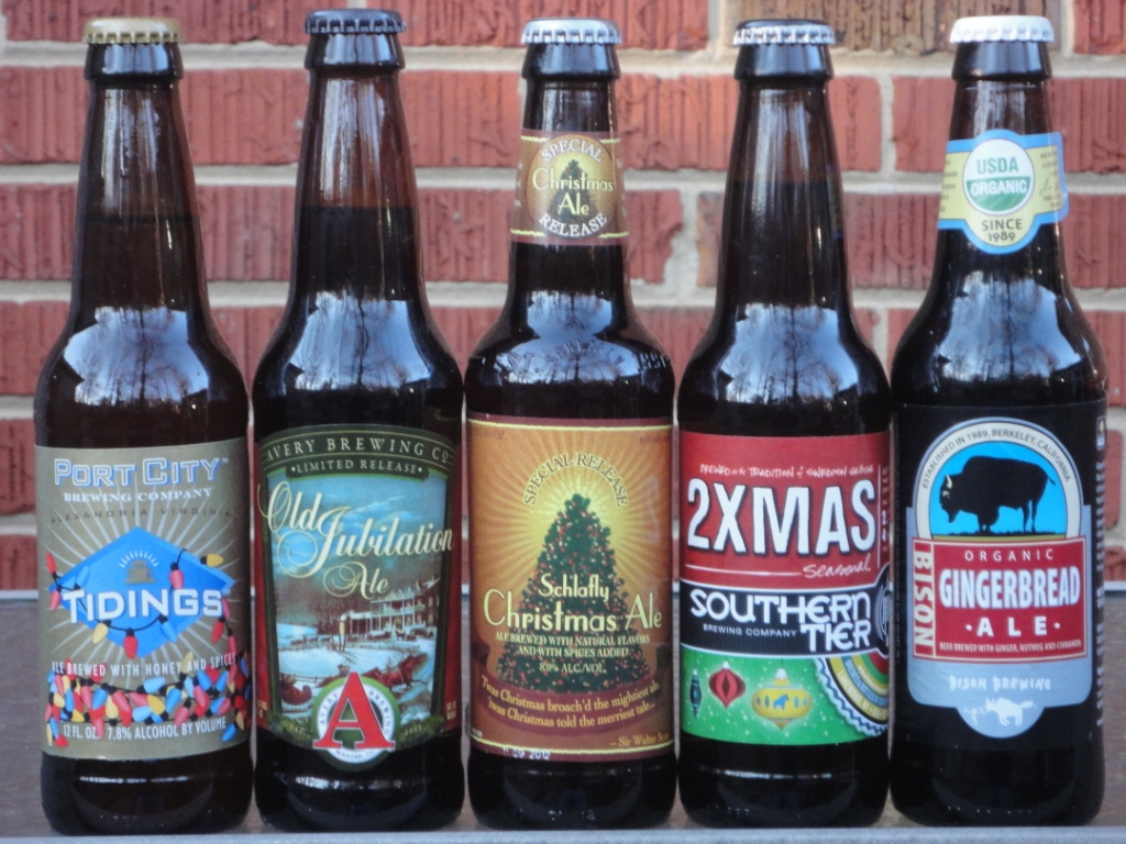 (L-R) Port City Tidings, Avery Old Jubilation Ale, Shlafly Christmas Ale, Southern Tier 2XMAS, Bison Gingerbread Ale