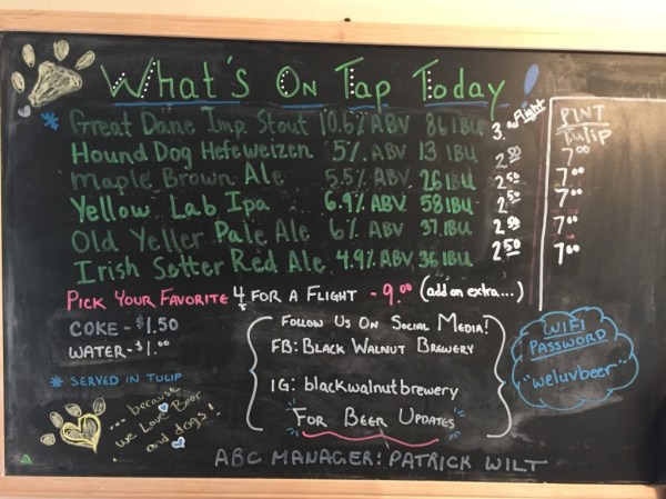Black Walnut Brewery chalkboard